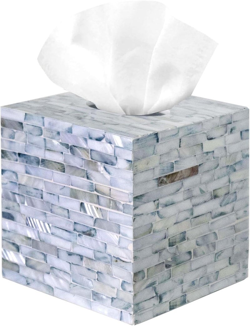 PEMAR Handcrafted Wooden Tissue Box Cover for Small Cube Tissue Boxes Only (Max Inner Size 4.7”) – Mother of Pearl Inlay Decorative Tissue Holder for Bathroom, Living Room & Office (Blue) - Image 1